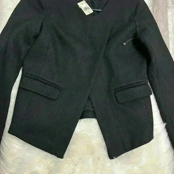 Ann Taylor Loft black wool blend asymmetrical snap blazer jacket, size 4 Petite - Picture 4 of 9